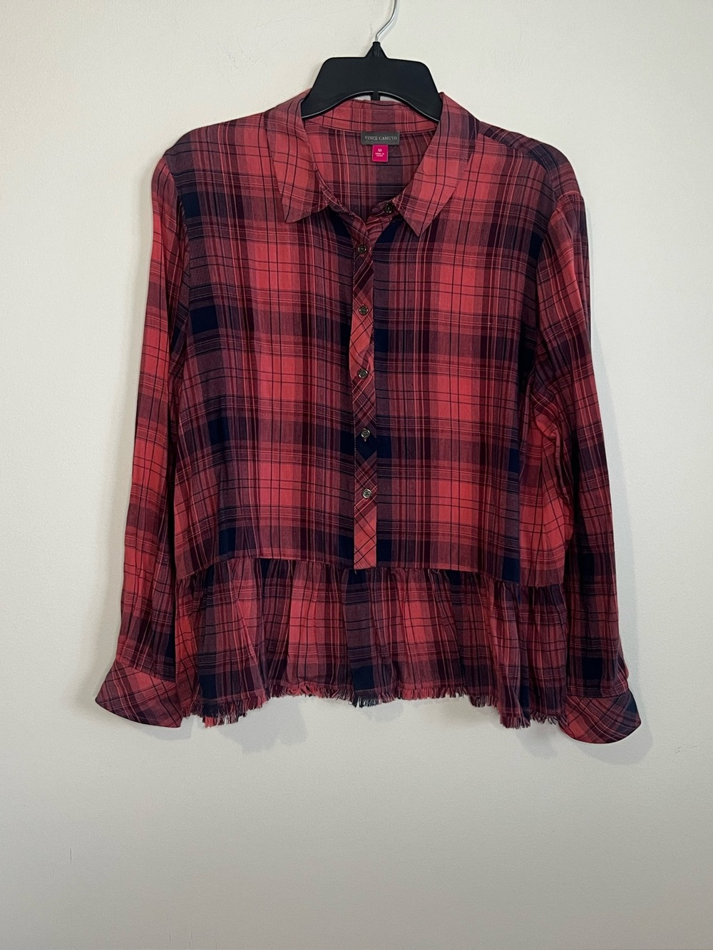 Vince Camuto Navy and Coral Plaid Peplum Button-Down Shirt